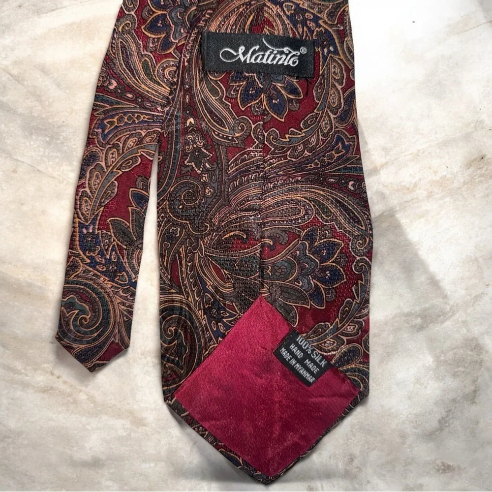 Matinle 100% Silk Paisley Tie Burgundy Navy Gold Hand Made 57”L x 4”W